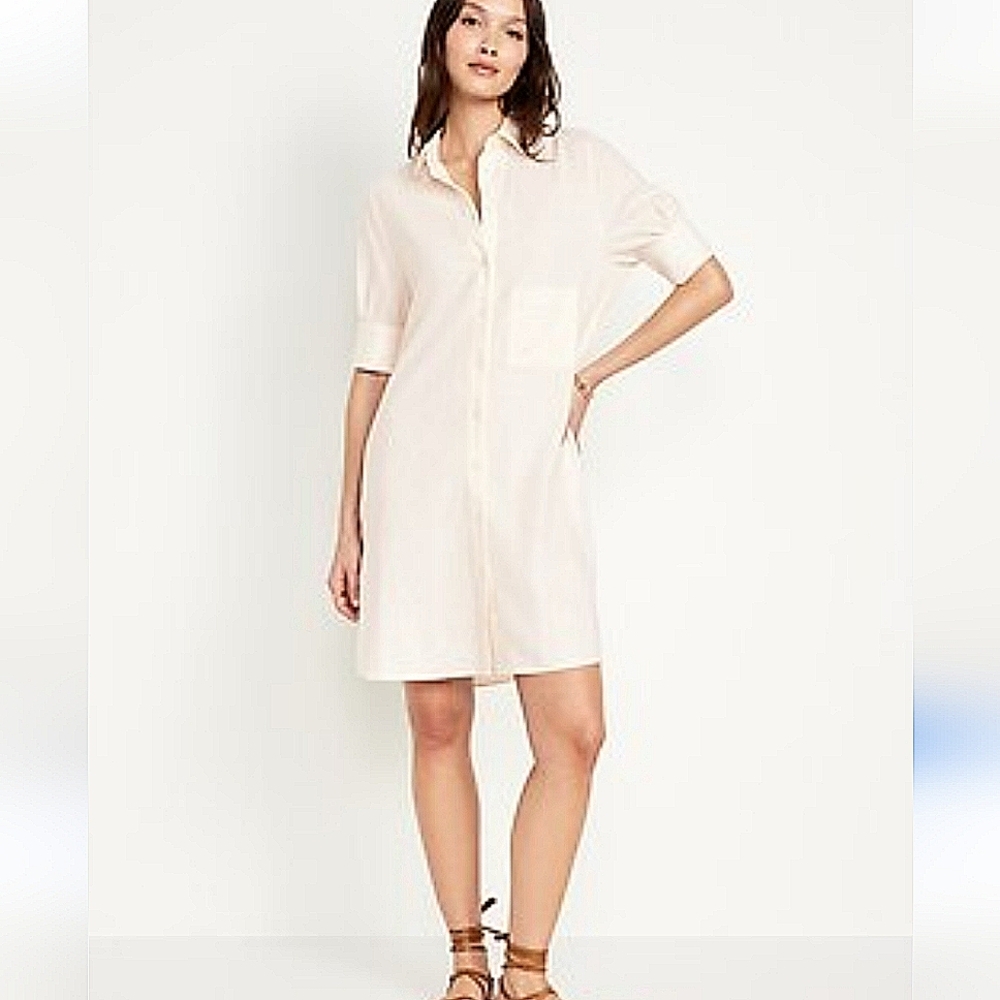 Old Navy Cream Linen Blend Shirt Dress